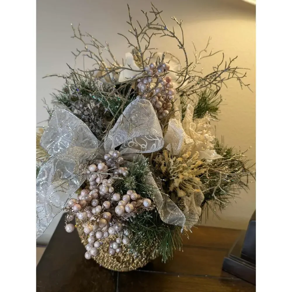 Christmas Fall Floral Arrangement Dining Home Centerpiece Gold Beaded Silver